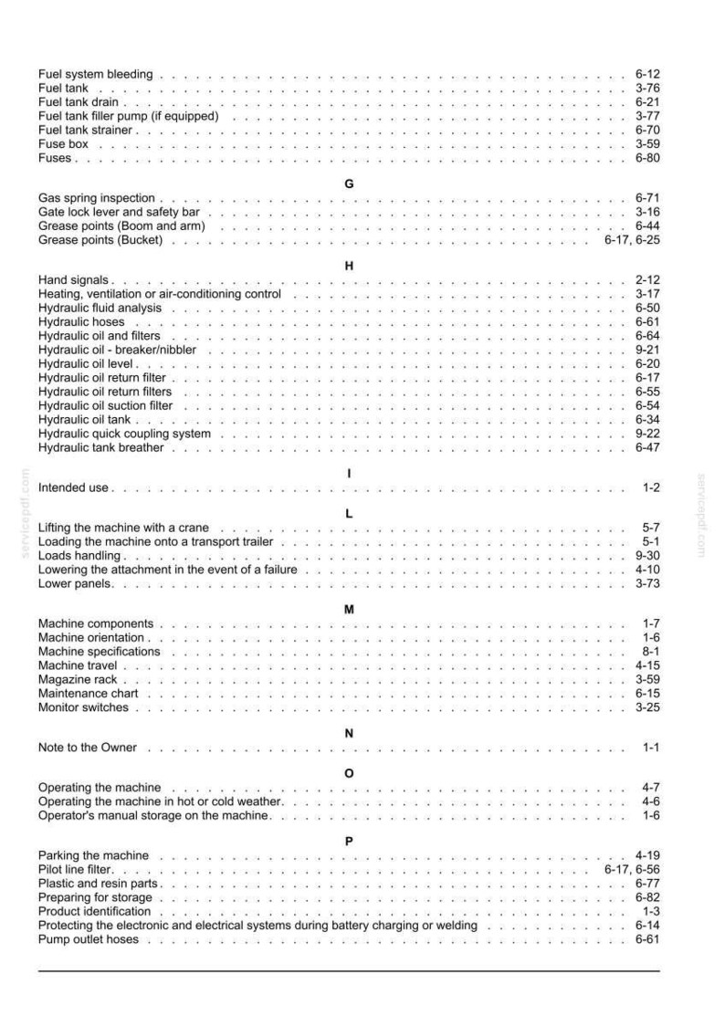 May include: A detailed table of contents from a manual, listing various machine components, maintenance procedures, and safety instructions. The text is in black font on a white background.