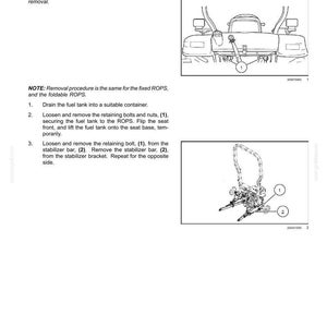 May include: A technical manual page titled Roll Over Protective Structure (ROPS) frame - Remove, featuring two black and white line drawings of tractor components, numbered callouts, and instructional text for Boomer 3040, 3045, and 3050 NA models.