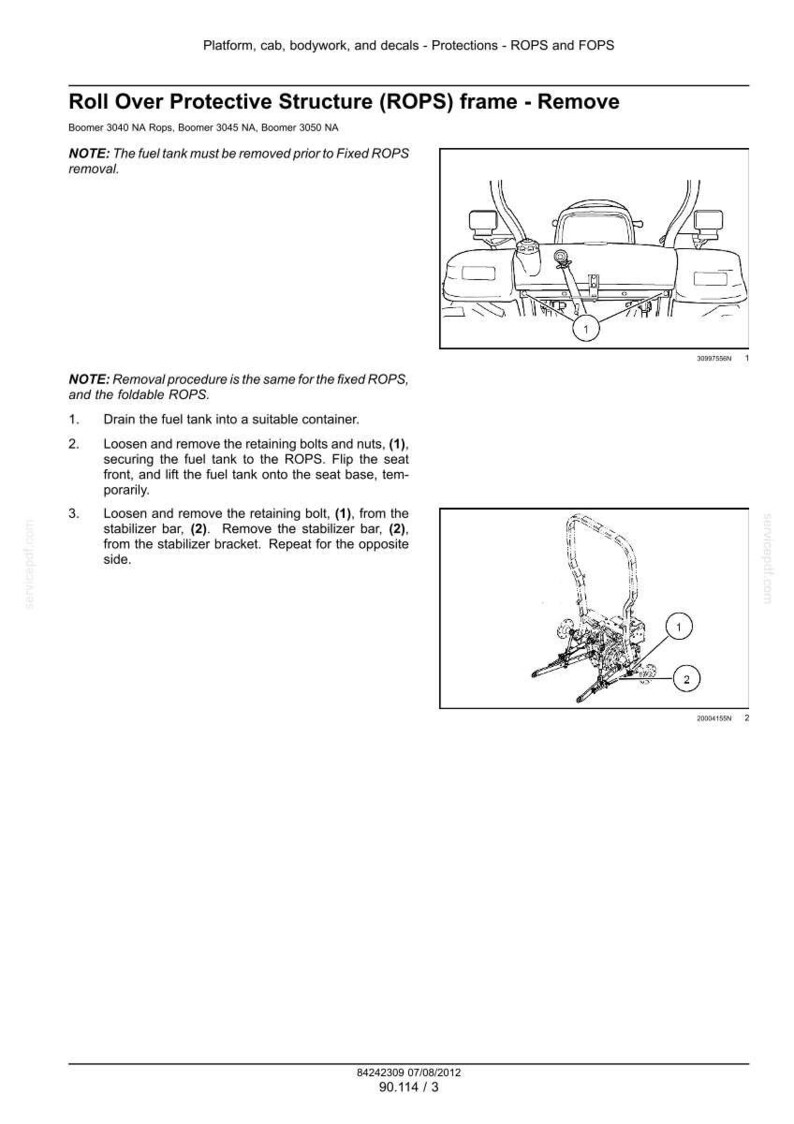 May include: A technical manual page titled Roll Over Protective Structure (ROPS) frame - Remove, featuring two black and white line drawings of tractor components, numbered callouts, and instructional text for Boomer 3040, 3045, and 3050 NA models.