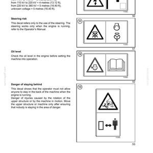 May include: Page from an operator's manual with safety warning symbols. Includes a warning for electric current, steering risk, oil level, and staying behind. The symbols are in black and white.
