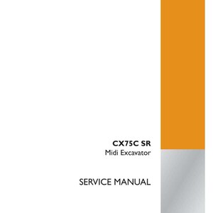May include: A white service manual with orange accents. The text reads "CX75C SR Midi Excavator SERVICE MANUAL." The Case Construction logo is in the bottom right corner. Part number 47575334A, 1st edition English, July 2013.