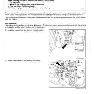 May include: Diagram of fuel filter replacement instructions. Text includes safety warnings about diesel fuel and steps for filter replacement. Includes diagrams with arrows pointing to the fuel filter location.