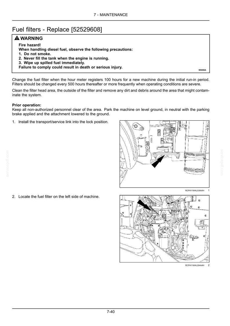 May include: Diagram of fuel filter replacement instructions. Text includes safety warnings about diesel fuel and steps for filter replacement. Includes diagrams with arrows pointing to the fuel filter location.