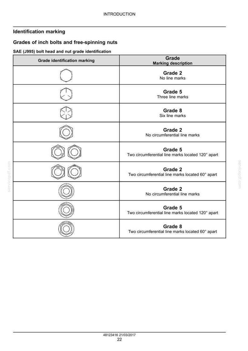May include: A white chart detailing bolt head and nut grade identification. The chart includes illustrations of bolt heads with varying markings, such as lines and circles, and their corresponding grade descriptions. The text "INTRODUCTION" is at the top.