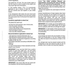 May include: A page from a manual detailing fuel specifications, including diesel fuel conditions, recommendations, and storage guidelines. The text is in black font on a white background, with the title "SECTION 7 - LUBRICATION/FILTERS/FLUIDS".