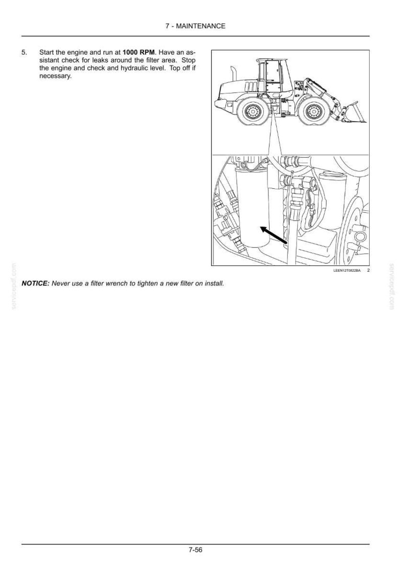 May include: Diagram of a piece of heavy machinery with a detailed view of a filter. The text reads "7 - MAINTENANCE" and instructions for engine maintenance, including checking for leaks and hydraulic levels.
