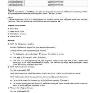 May include: A technical document titled "1912-UCM - Rail 12VM: Left & Right Brake Lights & Aux Extend Input Power Off." It details fault codes, causes, and solutions for electrical systems. Includes troubleshooting steps and voltage checks.