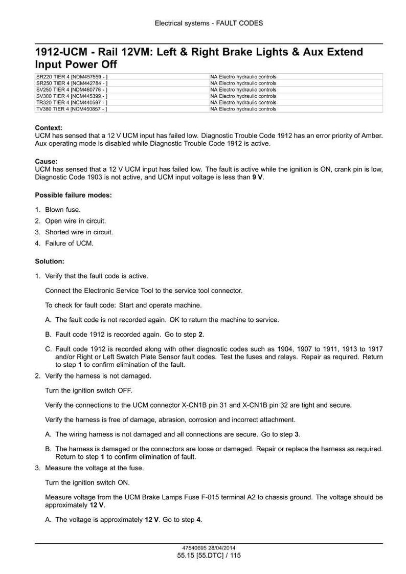 May include: A technical document titled "1912-UCM - Rail 12VM: Left & Right Brake Lights & Aux Extend Input Power Off." It details fault codes, causes, and solutions for electrical systems. Includes troubleshooting steps and voltage checks.