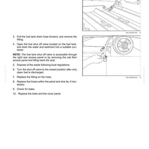 May include: Diagram from a maintenance manual showing steps for fuel tank maintenance. Includes instructions for removing bolts, hoses, and fittings. The image shows hands working on the vehicle's components.