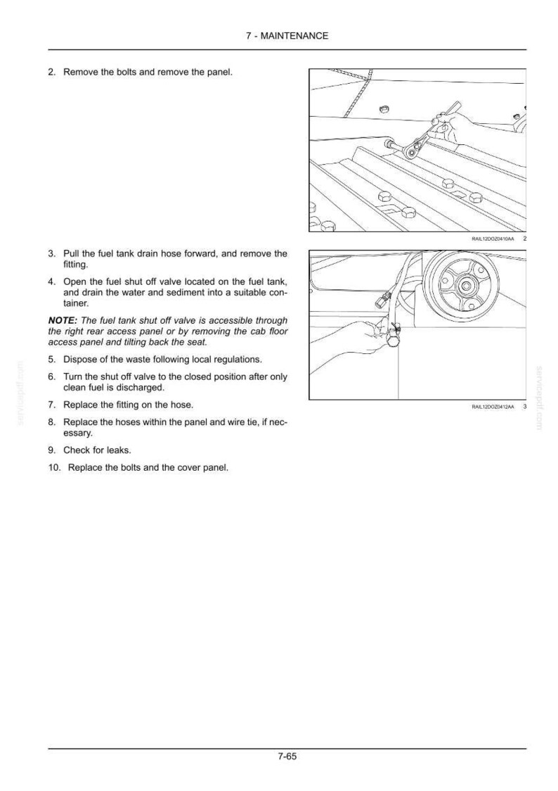 May include: Diagram from a maintenance manual showing steps for fuel tank maintenance. Includes instructions for removing bolts, hoses, and fittings. The image shows hands working on the vehicle's components.