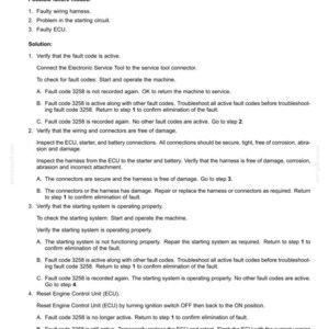 May include: A document detailing electrical system fault codes, including "3258 - High side power - short circuit to battery." The text provides troubleshooting steps for various failure modes, such as faulty wiring harnesses and ECUs.