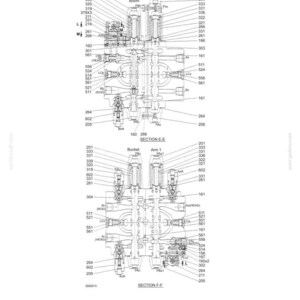 May include: A technical engineering diagram labeled E135B Control Valve, showing two cross-sectional views labeled Section E-E and Section F-F. The black and white line drawing details internal components, ports, and numerical labels for a hydraulic valve.