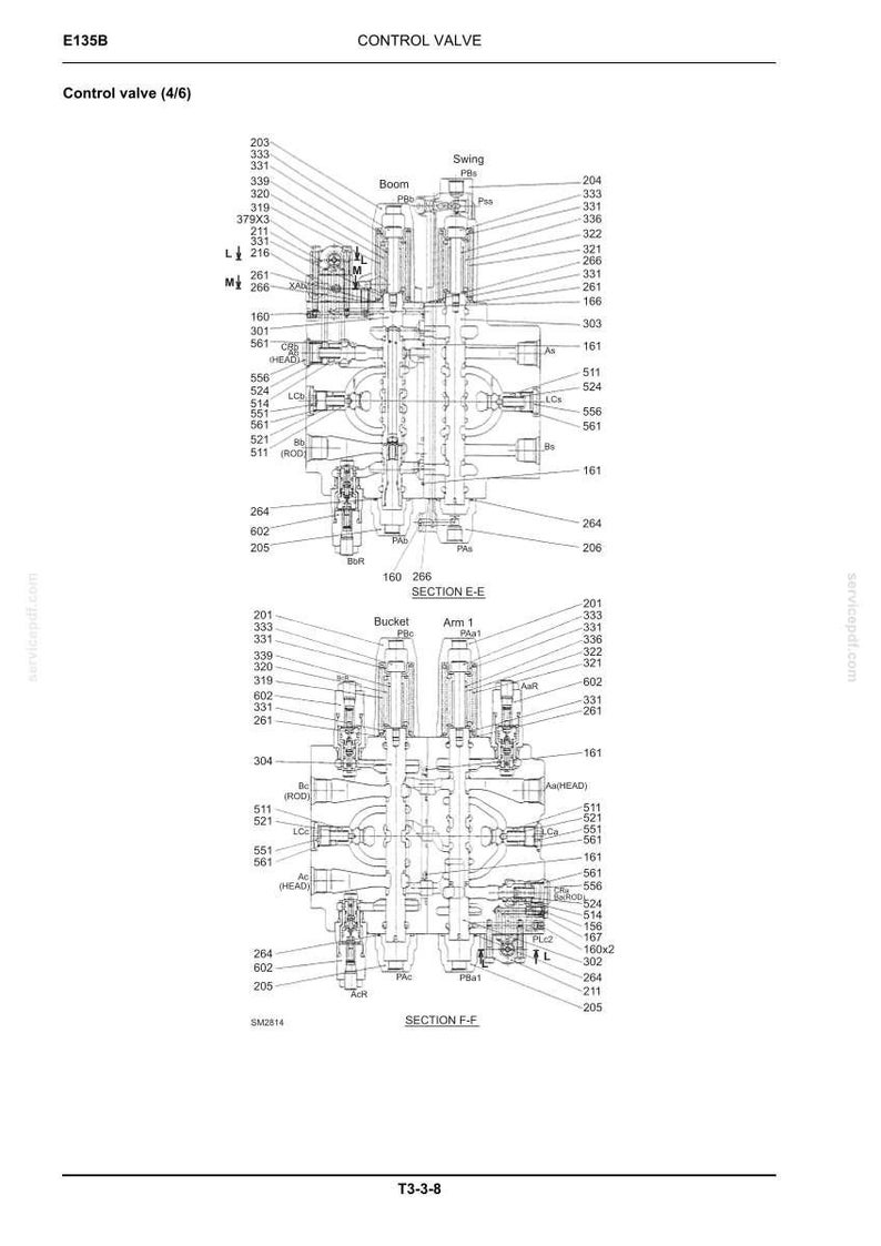 May include: A technical engineering diagram labeled E135B Control Valve, showing two cross-sectional views labeled Section E-E and Section F-F. The black and white line drawing details internal components, ports, and numerical labels for a hydraulic valve.