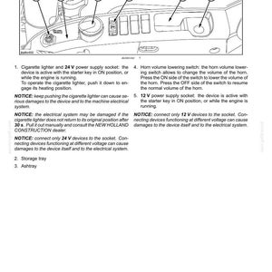 May include: A technical diagram titled 3-CONTROLS AND INSTRUMENTS showing a right-hand console with numbered components including a cigarette lighter, 24 V power supply socket, storage tray, ashtray, horn volume switch, and 12 V power supply socket.