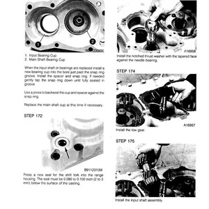 May include: Diagram of range housing and gears with step-by-step instructions for assembly. Includes images of input bearing cup, main shaft bearing cup, and other components. Text includes measurements in inches.
