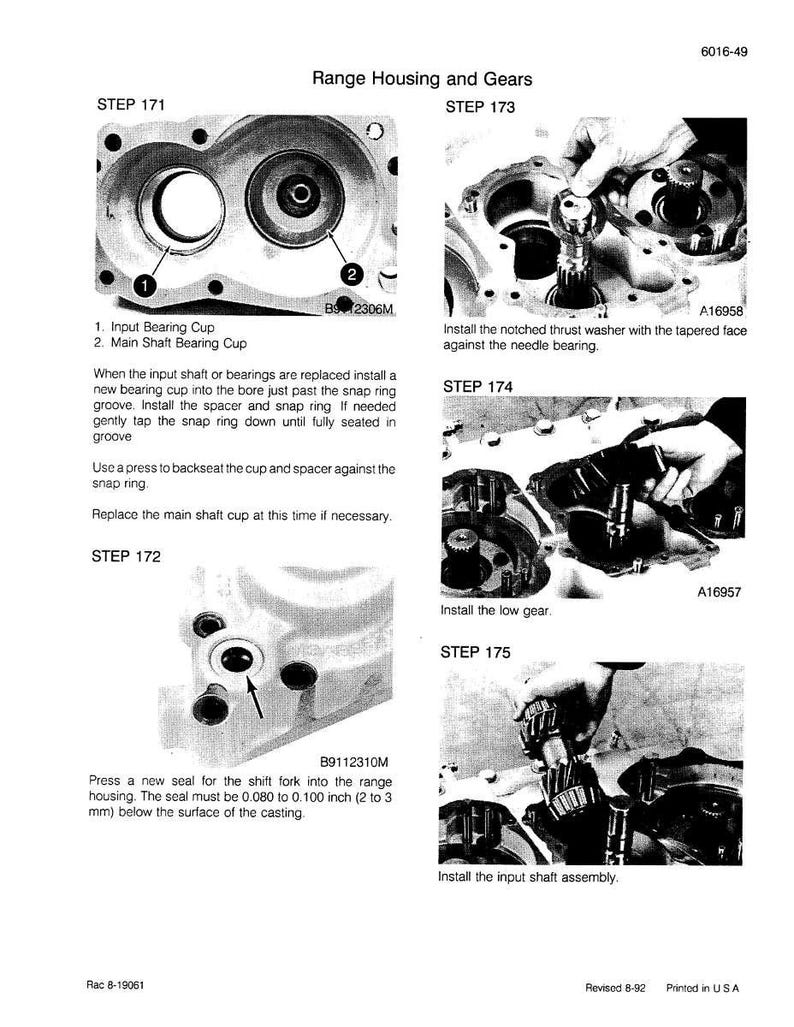 May include: Diagram of range housing and gears with step-by-step instructions for assembly. Includes images of input bearing cup, main shaft bearing cup, and other components. Text includes measurements in inches.