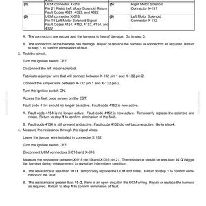 May include: Diagram of electrical system fault codes, including connector and solenoid details. Text includes instructions for testing circuits and measuring resistance, with fault codes and troubleshooting steps.