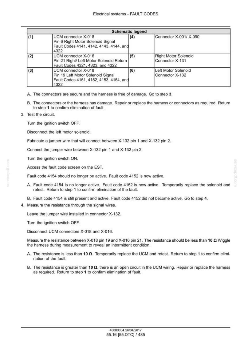 May include: Diagram of electrical system fault codes, including connector and solenoid details. Text includes instructions for testing circuits and measuring resistance, with fault codes and troubleshooting steps.