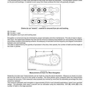 May include: A technical document titled Basic instructions - Chain Wear Tables - Roller Chains. It features diagrams showing roller chain articulation, pin and bushing wear, and a measurement illustration for chain wear elongation with text.