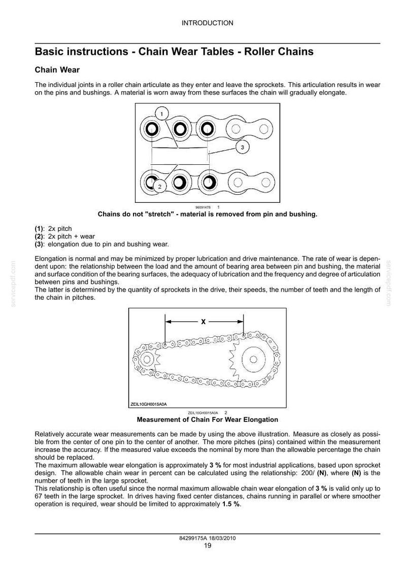 May include: A technical document titled Basic instructions - Chain Wear Tables - Roller Chains. It features diagrams showing roller chain articulation, pin and bushing wear, and a measurement illustration for chain wear elongation with text.