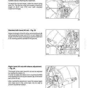 May include: A technical manual page titled Section 3 - Field Operation, featuring three diagrams labeled Fig. 24, 25, and 26. These illustrations show mechanical components including an adjustable top link and lift rods with a maximum length of 30.31 inches.