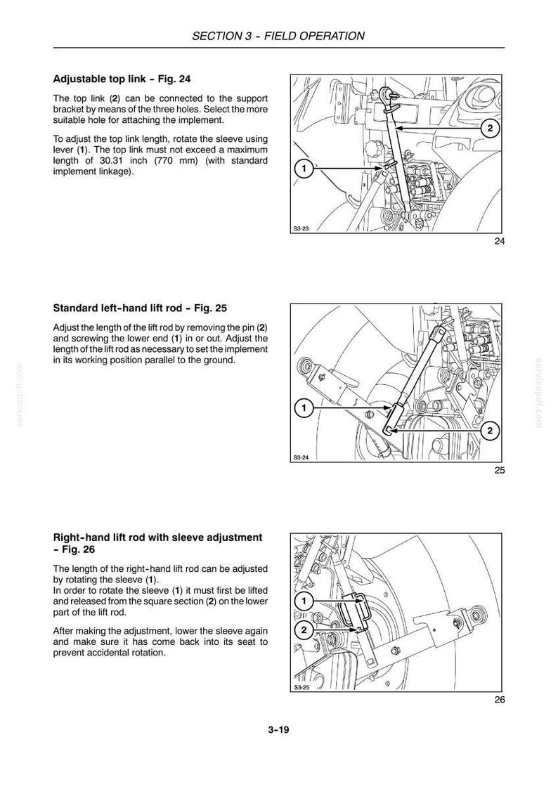 May include: A technical manual page titled Section 3 - Field Operation, featuring three diagrams labeled Fig. 24, 25, and 26. These illustrations show mechanical components including an adjustable top link and lift rods with a maximum length of 30.31 inches.