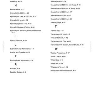 May include: A black and white technical document page titled SECTION 4 - LUBRICATION AND MAINTENANCE. The text lists alphabetical maintenance categories including Greasing, Hydraulic Oil, Injector Removal, Radiator, Service Interval, Transmission, and Wheels.