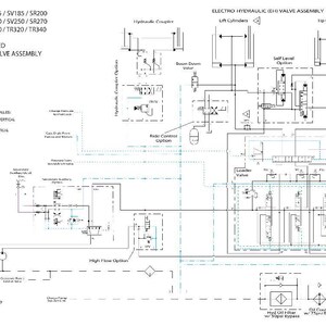 May include: Detailed schematic diagram of an electro-hydraulic valve assembly, featuring lift cylinders and various hydraulic components. The diagram includes text labels and color-coded lines for different functions. Model numbers and specifications are also included.