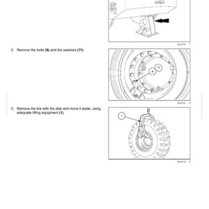 May include: Diagram showing rear wheel removal. Instructions detail hoisting the frame, removing bolts and washers, and detaching the tyre with the disc. Includes measurements.