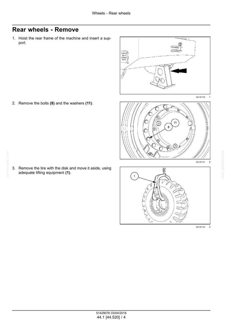 May include: Diagram showing rear wheel removal. Instructions detail hoisting the frame, removing bolts and washers, and detaching the tyre with the disc. Includes measurements.