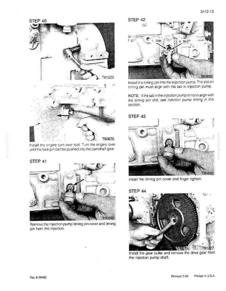 May include: A grayscale diagram with instructions for engine repair. The steps include installing and removing parts, with close-ups of tools and components. Text labels and arrows guide the process. The diagram is printed in the USA.