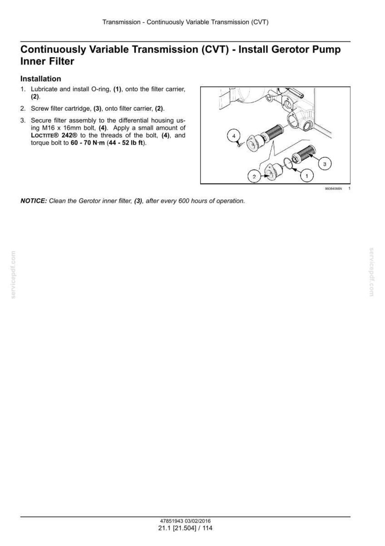 May include: Diagram illustrating the installation of a continuously variable transmission (CVT) gerotor pump inner filter. Includes numbered components, an O-ring, filter cartridge, and bolt. Text instructions detail the installation process and torque specifications.