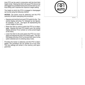 May include: A technical manual page titled 6-WORKING OPERATIONS detailing Auto PTO operation for a tractor. It includes instructions for setting hitch height and a circular icon featuring a gear symbol inside a frame with the text AUTO below it.