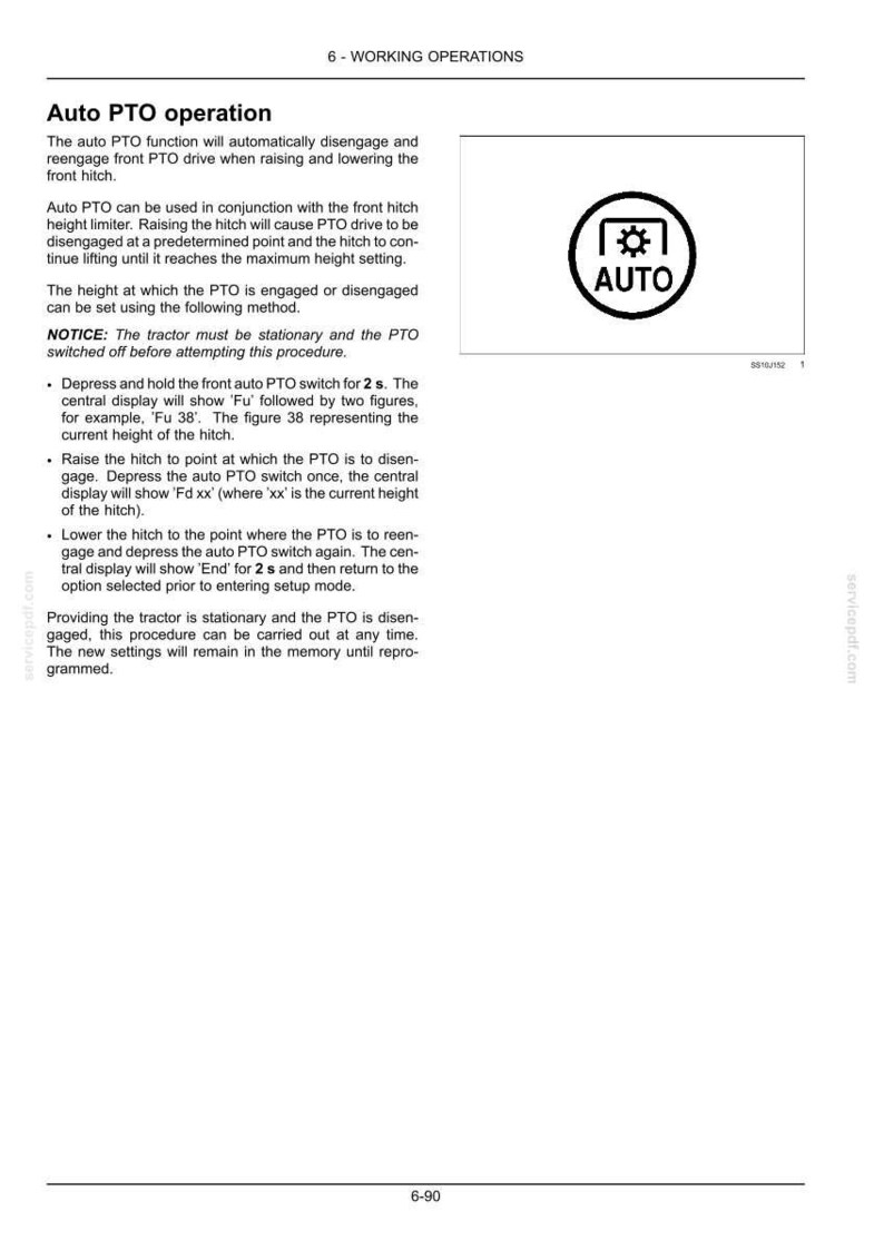 May include: A technical manual page titled 6-WORKING OPERATIONS detailing Auto PTO operation for a tractor. It includes instructions for setting hitch height and a circular icon featuring a gear symbol inside a frame with the text AUTO below it.