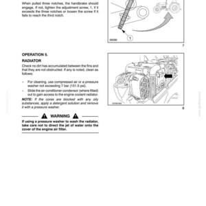 May include: A technical manual page titled Section 4 - Lubrication and Maintenance, featuring Operation 4 regarding the transmission hand brake and Operation 5 for the radiator, including line drawings of a tractor and engine components.