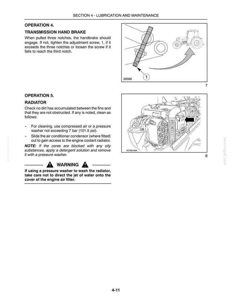 May include: A technical manual page titled Section 4 - Lubrication and Maintenance, featuring Operation 4 regarding the transmission hand brake and Operation 5 for the radiator, including line drawings of a tractor and engine components.