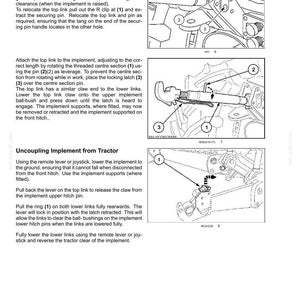 May include: A technical manual page titled 6-WORKING OPERATIONS featuring black and white line drawings of tractor hitch components. The diagrams include numbered labels 1, 2, and 3, illustrating the attachment and uncoupling of implements.