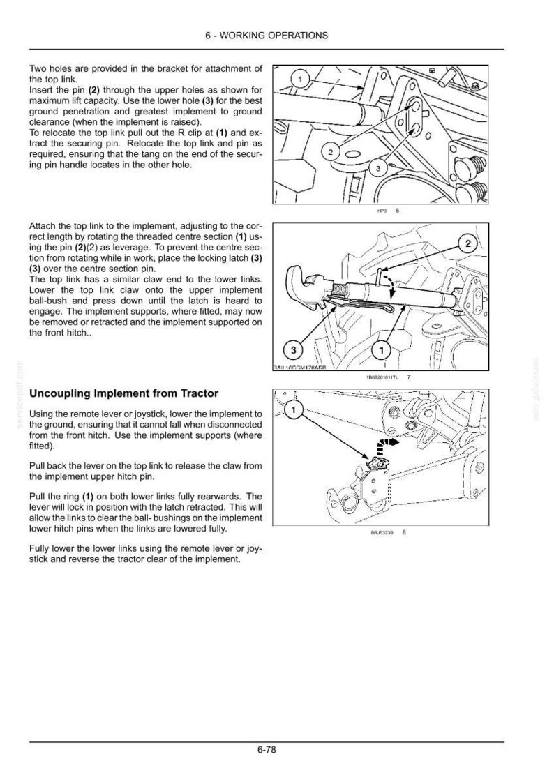 May include: A technical manual page titled 6-WORKING OPERATIONS featuring black and white line drawings of tractor hitch components. The diagrams include numbered labels 1, 2, and 3, illustrating the attachment and uncoupling of implements.