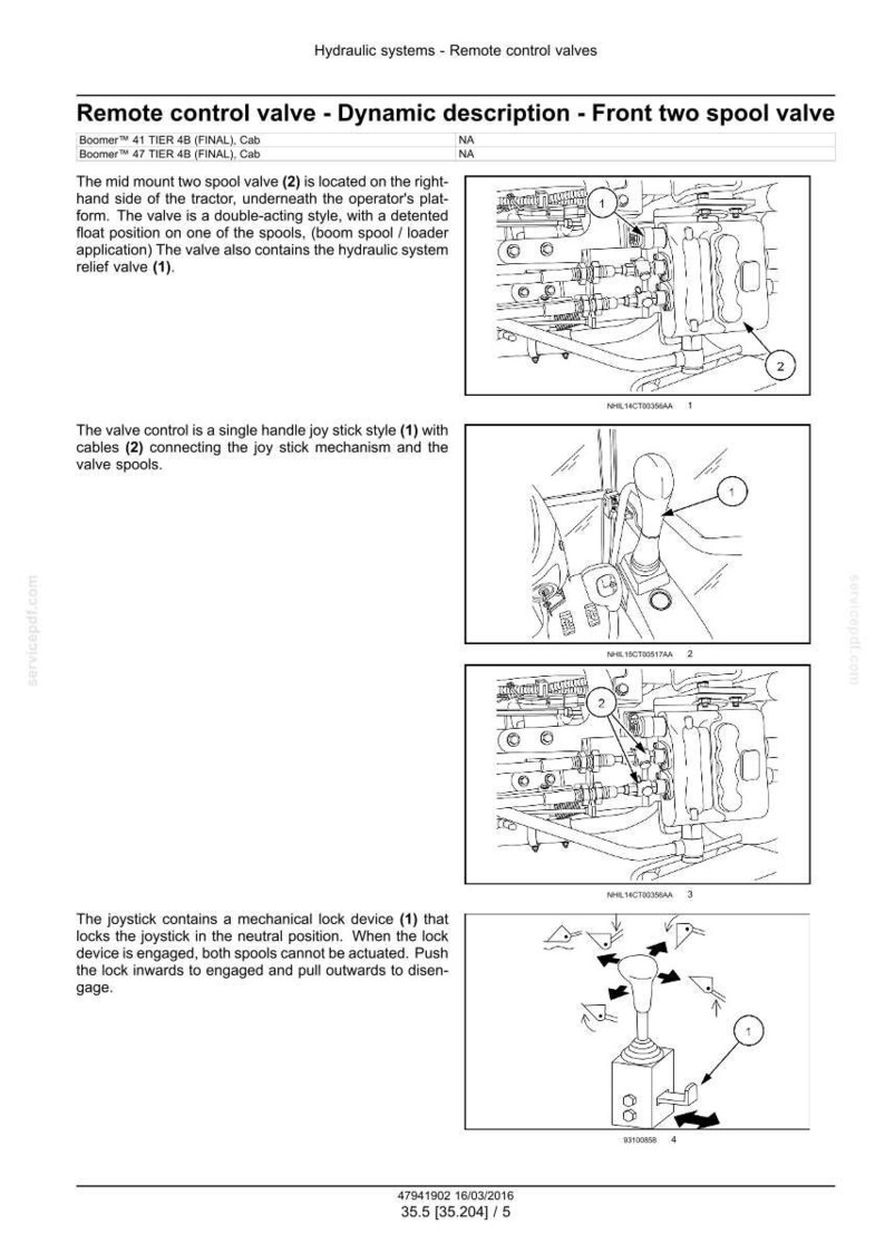 May include: Diagram of a remote control valve with a dynamic description. The image shows the valve's components, including a joystick, cables, and spools. The text provides details on the valve's function and mechanical lock device.