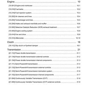 May include: A page from a manual titled "Contents" with a list of engine and transmission components. The list includes sections on the engine, clutch, and transmission, with page numbers.