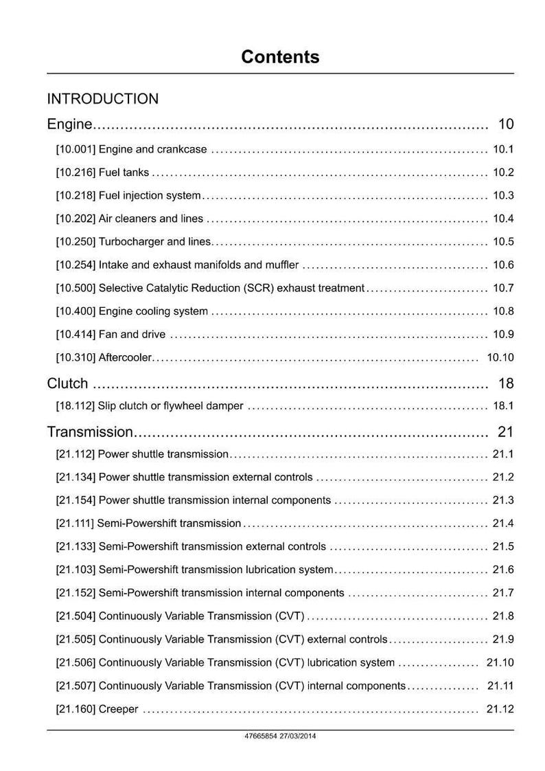 May include: A page from a manual titled "Contents" with a list of engine and transmission components. The list includes sections on the engine, clutch, and transmission, with page numbers.