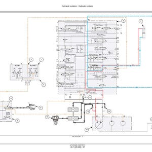 Puede incluir: Diagrama detallado de un sistema hidr&aacute;ulico, que muestra una compleja red de l&iacute;neas, s&iacute;mbolos y componentes. El esquema incluye etiquetas y n&uacute;meros, que ilustran el flujo y la funci&oacute;n del sistema. La imagen est&aacute; sobre un fondo blanco.