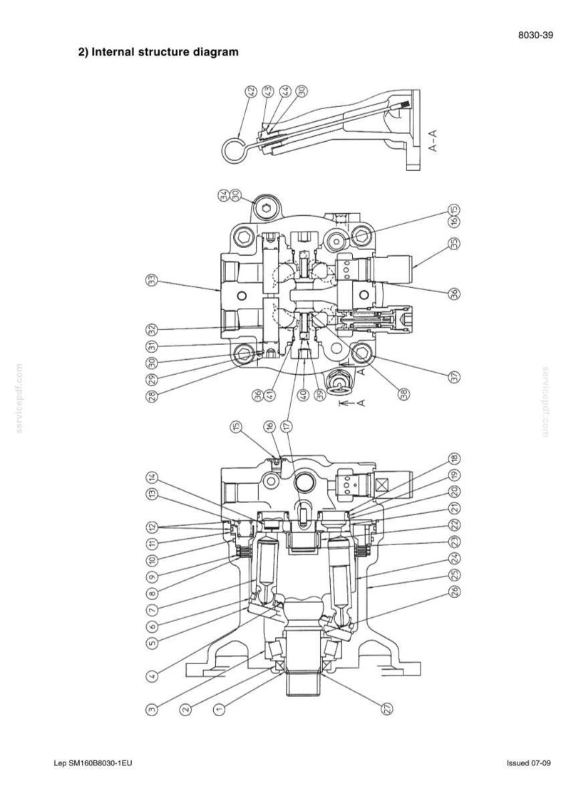 Peut inclure: Un sch&eacute;ma de structure interne d&eacute;taill&eacute; montrant des coupes transversales d'un composant m&eacute;canique. Le sch&eacute;ma est num&eacute;rot&eacute; et lign&eacute;, et comprend le texte "2) Internal structure diagram". L'image est en noir et blanc.
