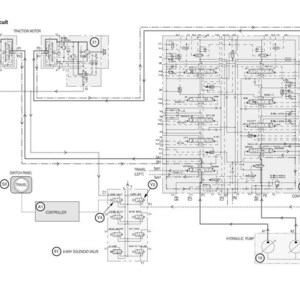 May include: A detailed technical diagram labeled "Low Speed Travel Circuit" with various components, including a traction motor, switch panel, controller, and hydraulic pump. The diagram is in black and white.