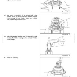 May include: Diagrams illustrating the assembly of a power shuttle transmission. The images show the use of tools like screwdrivers and drivers to install components such as thrust plates, washers, and snap rings. The text provides step-by-step instructions.