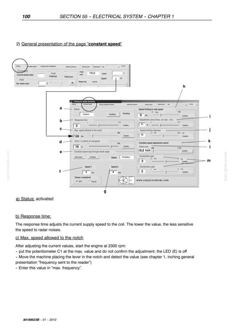 May include: A page from an electrical system manual, featuring diagrams and text related to constant speed settings. The document includes sections on response time, speed limits, and adjustment controls, with a website address at the bottom.