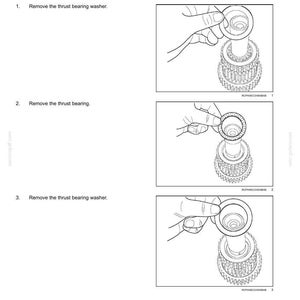 May include: Diagram illustrating the disassembly of a shaft assembly, featuring a dual-speed design. The image shows the removal of thrust bearing washers and a thrust bearing, with detailed steps and labeled components for mechanical repair.