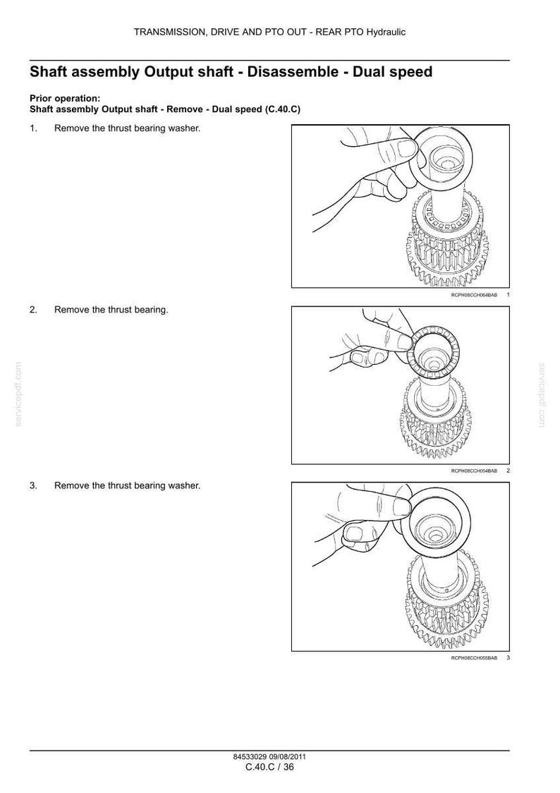 May include: Diagram illustrating the disassembly of a shaft assembly, featuring a dual-speed design. The image shows the removal of thrust bearing washers and a thrust bearing, with detailed steps and labeled components for mechanical repair.
