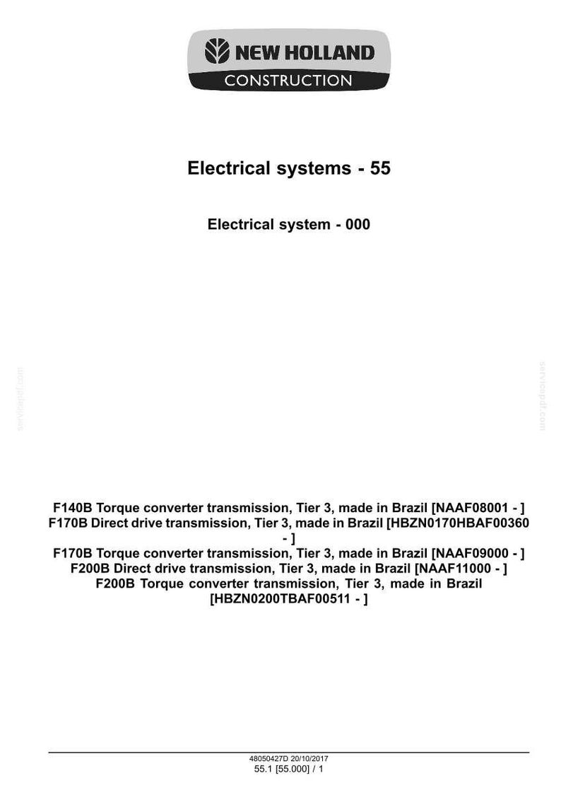 May include: A white document with the "NEW HOLLAND CONSTRUCTION" logo at the top. The text includes "Electrical systems - 55", "Electrical system - 000", and specifications for F140B, F170B, and F200B transmissions, made in Brazil.