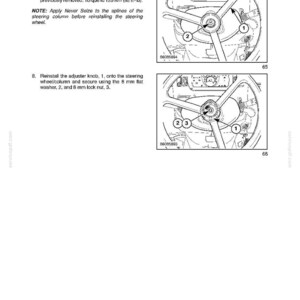 May include: Diagram from a manual showing the steps to reinstall a steering wheel. The diagram includes numbered parts and instructions, with a torque specification of 92 ft-lb. The text also includes a note about applying Never Seize.